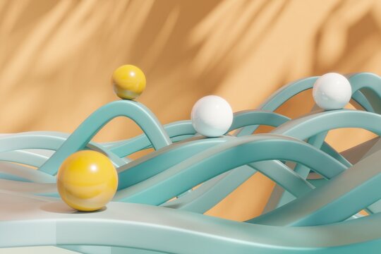 Colorful spheres on abstract teal wave tracks in 3D render