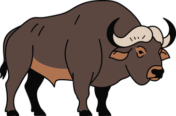  Illustration of an African buffalo, a large dark brown mammal with prominent horns, standing against a white background.