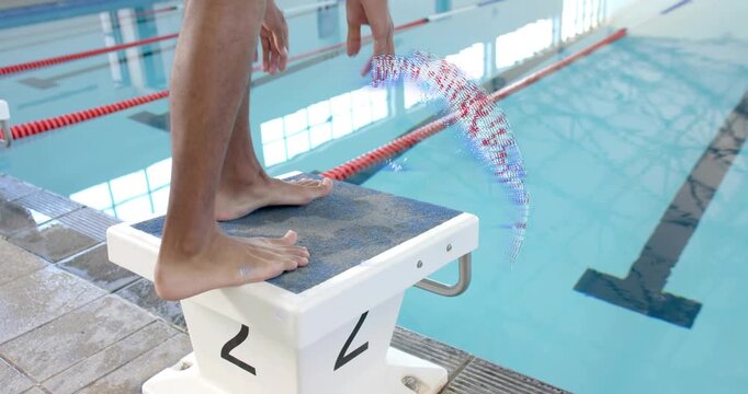 Male swimmer stepping onto block 2 shifting into crouch with analytics overlay showing stroke data