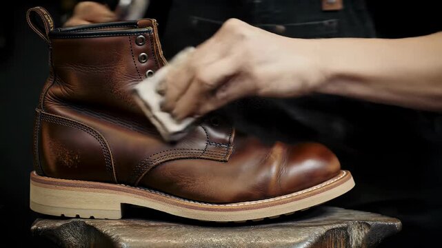 Shoe restoration process in a workshop featuring leather cleaning and polishing techniques - Powered by Adobe