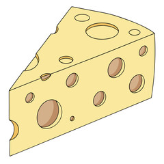 A stylized cartoon illustration of a triangular wedge of yellow swiss cheese with numerous holes of varying sizes and brown interiors against a clean white background