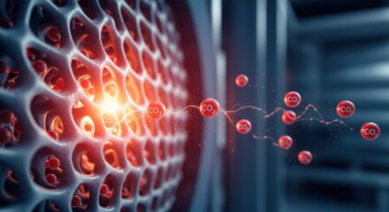Visualization of chemical reaction mechanisms inside sorbent regeneration chamber demonstrating CO2 binding reversal via temperature swing.