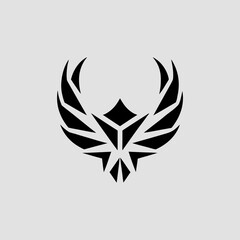 Abstract geometric black phoenix or eagle emblem with sharp stylized wings and a central faceted crown against a neutral gray background representing power and rebirth