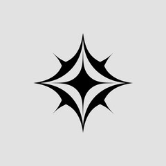 Abstract geometric black starburst shape with sharp points and curved lines on a light gray background representing a stylized explosion or radiant design element