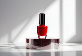 Red Nail Polish Bottle on Reflective Pedestal with Soft Shadows – Minimalist Beauty Product Mockup  
