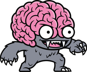 A cartoon illustration of a grotesque creature. The creature has a grey bear-like body with sharp claws, and a pink human brain for a head with large, expressive eyes and sharp teeth. 