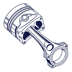 Detailed isometric line art illustration of a single internal combustion engine piston and connecting rod assembly on a white background