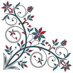 Elegant corner flourish with teal and red flowers and swirling vines decorative element for design and illustration