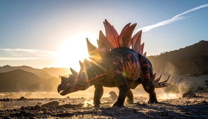 Prehistoric creature in desert sunset