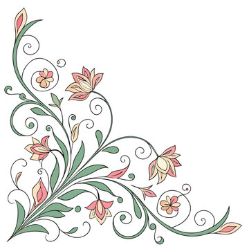 Elegant floral corner design with delicate pink and cream blossoms and swirling green vines on a white background