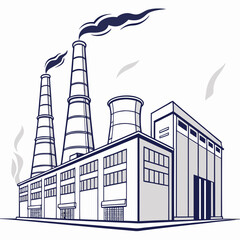 Industrial factory with tall smokestacks emitting dark smoke and steam against a white background with a simple outline illustration style