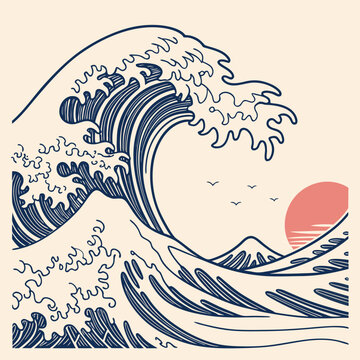 Iconic japanese great wave artwork with stylized ocean waves distant mountains and a rising sun rendered in a minimalist navy blue line art style against a cream background