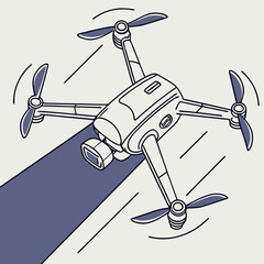 Modern quadcopter drone with camera flying forward leaving a shadow trail on a light background with spinning propellers and motion lines