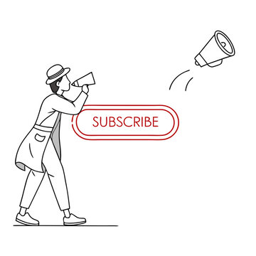 Man in hat and coat holding megaphone towards subscribe button and another megaphone flying away with sound waves