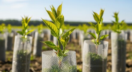 Obraz premium Close medium shot of pestresistant tree saplings with protective barriers highlighting growth and natural pest defense.