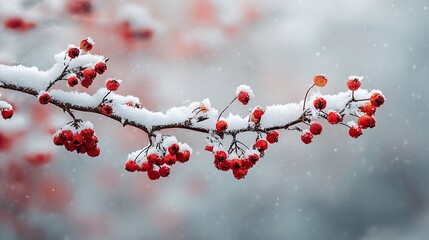 High quality image of snow covered rowan branch with red berries in winter season scenery.