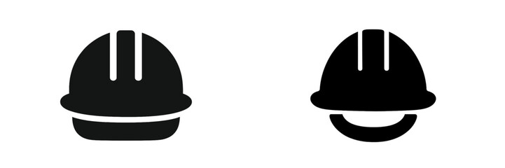 Two construction helmet icons designed for safety and professionalism, showcasing simple and modern styles in black silhouette