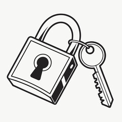 Simple black and white illustration of a classic padlock with its matching key hanging from the shackle symbolizing security and access