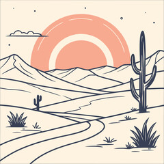 Stylized desert landscape with a large sun setting behind rolling hills and mountains featuring saguaro cacti and sparse vegetation © Logo