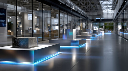 Fototapeta premium An illuminated exhibition space showcasing art pieces on modern pedestals, highlighting the intersection of design and artistic expression in a contemporary setting.