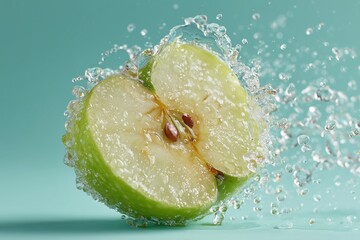 Green apple slice flipping in mid air with tiny juice beads on a pastel mint background
