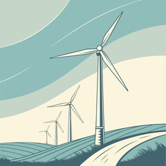 Stylized illustration of wind turbines on rolling hills under a cloudy sky with a winding road in the foreground