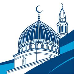 Stylized islamic mosque architecture featuring a prominent dome and minaret with a crescent moon symbol against a clean white background and abstract blue shapes