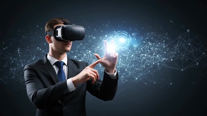 Businessman with VR Headset Interacting with a Digital World A futuristic video of a businessman wearing a virtual reality headset, interacting with a glowing, abstract network of lines and dots. - Powered by Adobe
