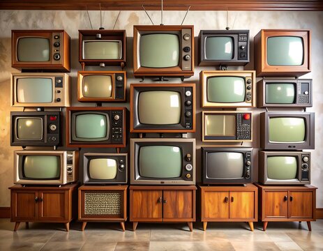 Vintage TVs on a wall