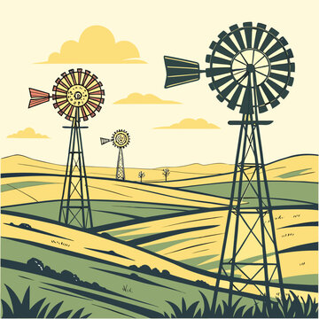 Vintage american farm landscape with three classic windmills standing tall against a backdrop of rolling hills and a pale yellow sky with fluffy clouds