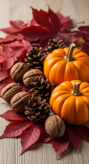 Two orange pumpkins, walnuts, pine cones and red autumn leaves arranged on wood background Autumn harvest, Thanksgiving, fall season concept Free space