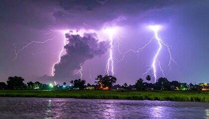 Dramatic lightning storm over a river