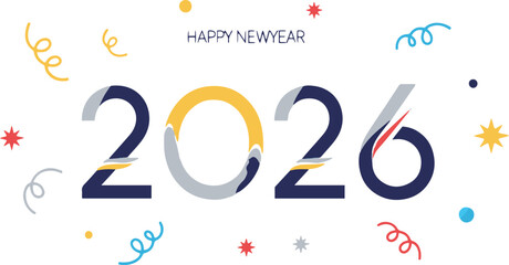 Happy New Year 2026 text with festive confetti, streamers, and colorful celebration elements, vector illustration.