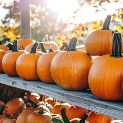Pumpkins stacked on wooden shelves outdoors