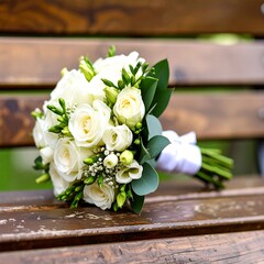 A delicate white flower bouquet rests on a wooden bench