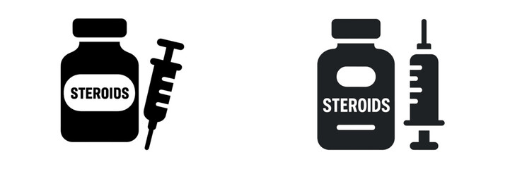 Stylized representations of steroid bottles and syringes highlighting substance use and health implications in a health context