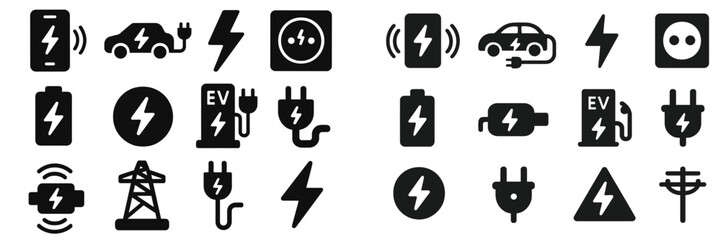 Collection of electric vehicle and energy icons showcasing modern transportation and sustainability themes