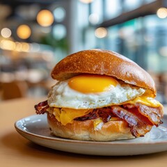 Gourmet Breakfast Sandwich with Fried Egg, Bacon, and Melted Cheese on Brioche Bun.