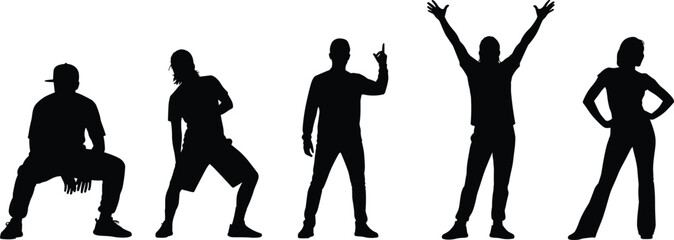 Human pose silhouettes vector illustration, dynamic standing and gesture icon set, expressive body language design, dance and movement graphic clipart