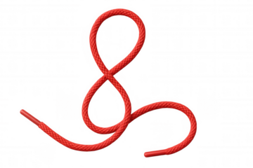 Red shoelace creating an elegant eight shape on a clear background, forming a visually striking design