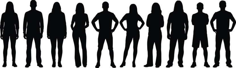 Standing human silhouettes vector illustration, diverse posture and stance icon set, people body shape design, character reference graphic, crowd lineup clipart