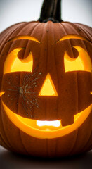 Close-up of illuminated carved pumpkin, displaying a smiling face with damage detail. Symbolises Halloween, autumn, and festive spirit