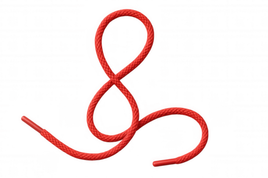 Red shoelace creating an elegant eight shape on a clear background, forming a visually striking design