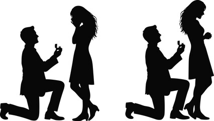 Marriage proposal silhouettes vector illustration, romantic couple engagement icon set, man kneeling with ring design, love and relationship moment graphic clipart