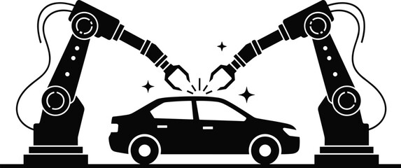Robotic arms assembling car silhouette vector illustration, automotive manufacturing automation icon set, industrial robot design, factory production technology graphic clipart