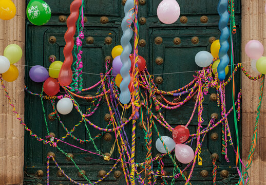 Colorful door decorated for Carnival in Peru