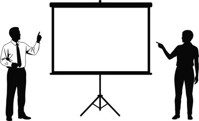 business presentation silhouettes, man and woman pointing, blank projection screen, corporate training, meeting, seminar, lecture, teamwork, professional discussion,