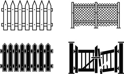 black and white fence silhouettes, picket fence, chain link, broken fence, garden boundary, security barrier, vector illustration, minimal style, outdoor design