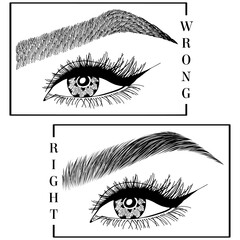 Illustration with woman's eyes, eyelashes and eyebrows. Makeup Look. Tattoo design. Logo for brow bar or lash salon. Wrong and right coloring care. Set of well-groomed and shaggy eyebrows.