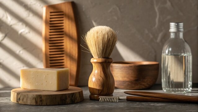Classic wooden shaving brush with soap, comb, bowl, and glass bottle on rustic surface, traditional grooming tools for men’s bathroom and skincare - Powered by Adobe